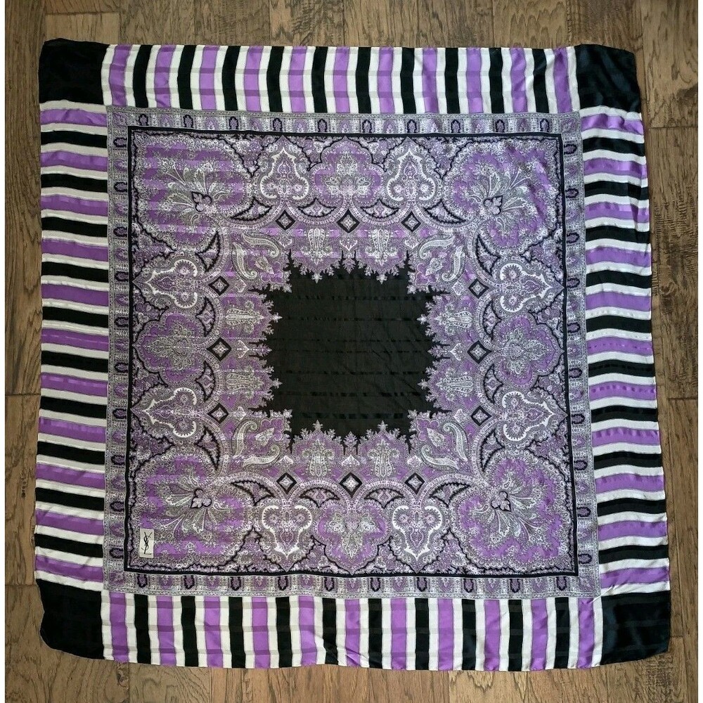 Yves Saint Laurent Vintage Silk Shawl Scarf Paisley Purple Black Large 52 x 52